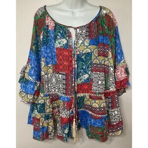 ODDY Blouse Patchwork Festival Ruffle Sleeve Women’s Size Medium Bohemian